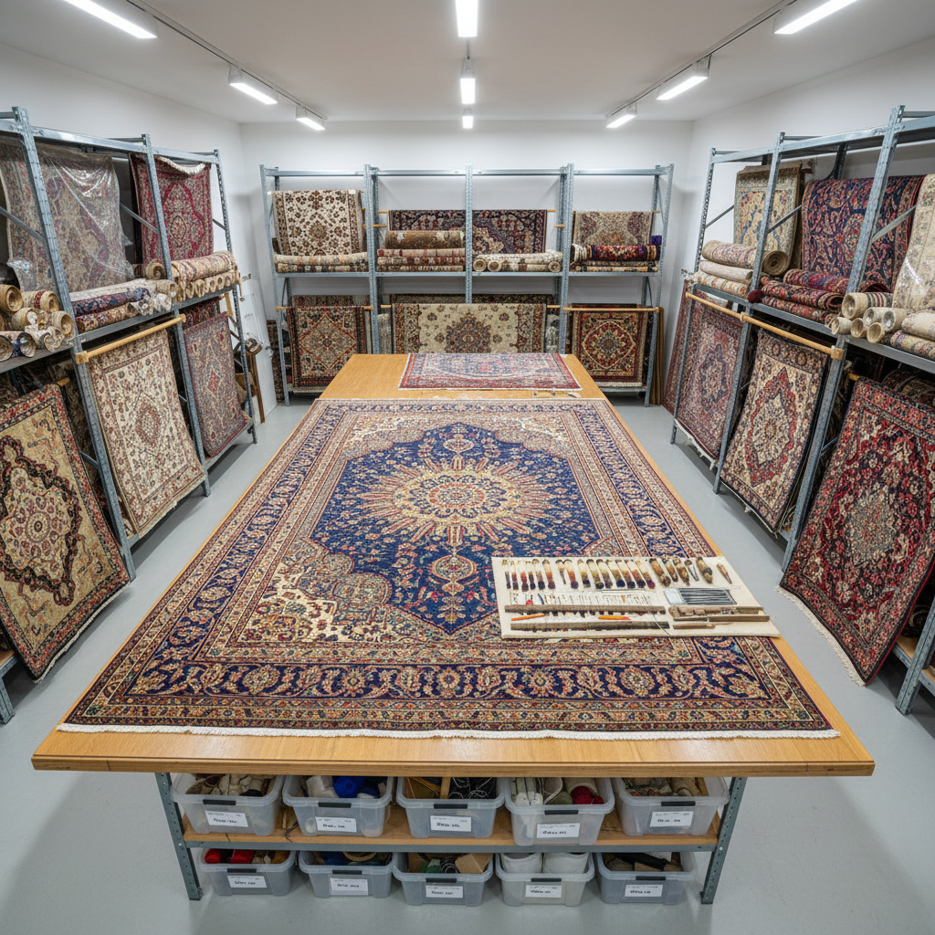 An expansive workshop scene featuring multiple rolled and unrolled Persian and Oriental carpets arranged neatly on industrial shelving and a wide, spotless worktable. A large, partially restored carpet lies flat on the table, its central medallion and borders prominently visible, with visible color-matched wool skeins and specialized carpet tools placed in an orderly layout nearby. The environment includes clean white walls and labeled storage bins, conveying professionalism and organization. Bright but soft overhead LED lighting evenly bathes the space, minimizing harsh shadows and ensuring every pattern is clearly legible. Captured from a slightly elevated, wide-angle perspective with sharp focus throughout, the composition uses leading lines of shelves and carpets to draw the eye to the central work area. The overall atmosphere is efficient, trustworthy, and businesslike, ideal for showcasing a serious repair facility.