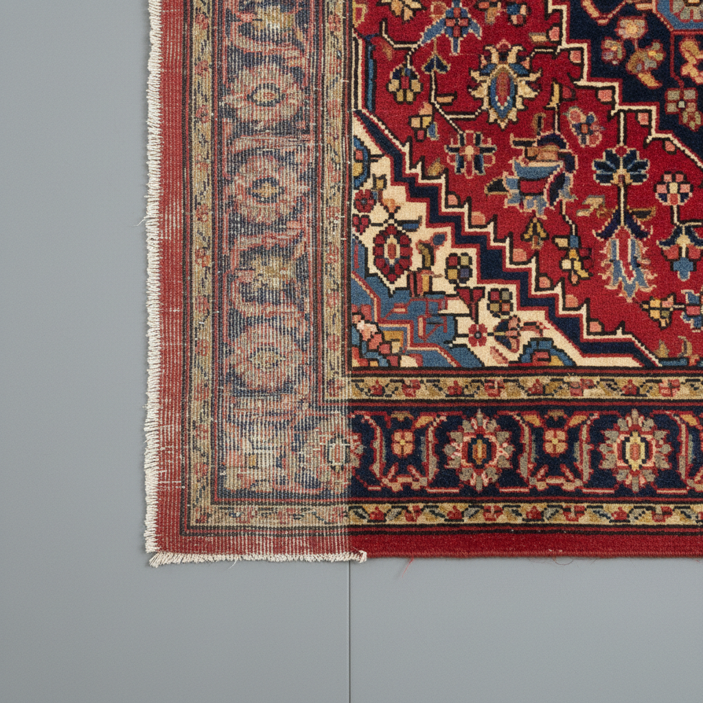 A tightly framed photographic image of a severely damaged Persian carpet corner positioned on a smooth, neutral tabletop, with missing pile revealing the foundational warp and weft threads. Beside it, a separate panel of the same carpet shows the same area fully restored, with perfectly matched colors, patterns, and pile height. A thin, precise divider line or subtle shadow separates the “before” and “after” sections within the same frame. Neutral, diffused studio lighting evenly illuminates both halves, avoiding dramatic shadows so viewers can objectively compare detail. Shot straight-on from above with sharp focus, the image emphasizes the dramatic transformation and technical accuracy. The atmosphere is authoritative and confident, focusing entirely on demonstrable results rather than decorative styling, ideal for a service-results page.