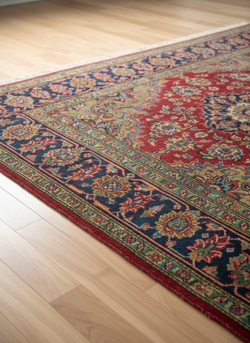A richly patterned Persian carpet spread across a clean, neutral-toned hardwood floor, with one corner meticulously restored and vibrant, seamlessly blending into an older, slightly faded section. Detailed wool fibers and intricate floral motifs in deep reds, navy, and gold are captured in sharp photographic realism. Soft, diffused daylight from an unseen window grazes the surface, highlighting the restored area’s freshness while casting gentle shadows into the pile. Shot from a slightly elevated, three-quarter angle with moderate depth of field, the focus rests on the transition between old and new. The atmosphere feels professional, trustworthy, and meticulous, suitable for a high-end repair service hero image, with a clean, uncluttered background that keeps attention entirely on the quality of craftsmanship.