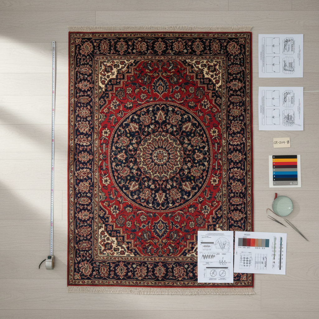A detailed overhead photographic shot of a Persian rug laid perfectly square on a light, matte wooden floor, with discrete measurement tools, color charts, and repair diagrams neatly arranged around the perimeter without touching the carpet itself. The rug features a traditional central medallion in rich crimson and navy with delicate cream accents, and its edges show subtle signs of wear to be evaluated. Soft, indirect daylight from the side creates a gentle gradient of light across the surface, enhancing the clarity of the patterns without glare. The composition is symmetrical and carefully ordered, emphasizing methodical assessment and planning. The mood is analytical and professional, suggesting a high level of expertise in diagnosing repair needs, with a clean, modern, and minimal aesthetic that keeps the scene uncluttered.