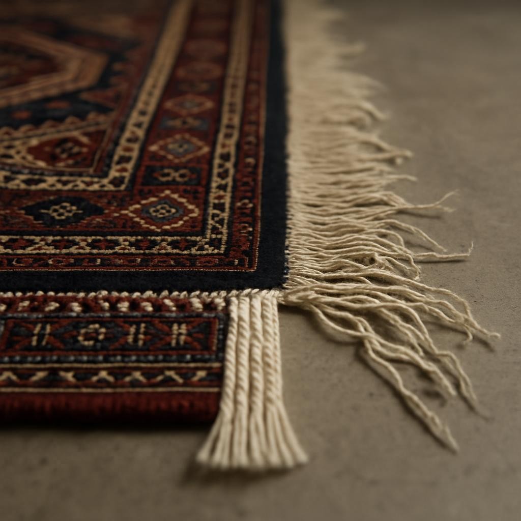 A close-up photographic view of the edge of an Oriental rug laid on a smooth concrete workshop floor, with freshly repaired fringe perfectly aligned and dense, contrasted against an adjacent section of worn, frayed fringe awaiting repair. The rug displays complex geometric borders in rich burgundy, cream, and indigo, with every knot and thread clearly visible. Overhead neutral studio lighting creates even illumination, revealing subtle variations in fiber texture and pile height while casting very soft shadows. Composed at eye level with a shallow depth of field, the focus is razor-sharp on the repaired edge, gradually blurring into the more damaged area. The mood is technical and precise, emphasizing expertise and attention to detail rather than decorative ambiance.