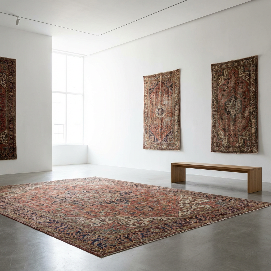 Antique Persian rugs displayed on the floor and walls of a minimalist gallery space.