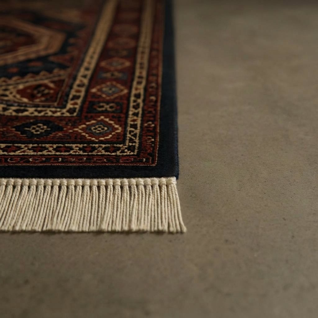 A close-up photographic view of the edge of an Oriental rug laid on a smooth concrete workshop floor, with freshly repaired fringe perfectly aligned and dense, contrasted against an adjacent section of worn, frayed fringe awaiting repair. The rug displays complex geometric borders in rich burgundy, cream, and indigo, with every knot and thread clearly visible. Overhead neutral studio lighting creates even illumination, revealing subtle variations in fiber texture and pile height while casting very soft shadows. Composed at eye level with a shallow depth of field, the focus is razor-sharp on the repaired edge, gradually blurring into the more damaged area. The mood is technical and precise, emphasizing expertise and attention to detail rather than decorative ambiance.